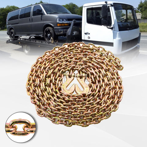 Heavy Duty G80 Transport Binder Chain One Quarter Inch By Sixteen Feet With G70 Clevis Grab Hooks, Three Thousand Three Hundred Pound Safe Working Load, shown coiled with towing vehicle in background