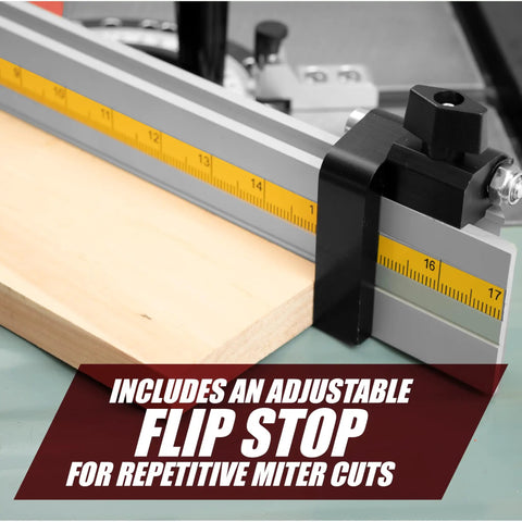 Tough As Nails Aluminum Miter Fence Compatible With Table Saws Featuring Quick Release Flip Stop And Dual Rulers, adjustable flip stop for precision cuts.