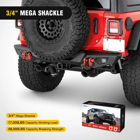 Mega D Ring Shackle Set 68,000 Lb Break Strength 17,000 Lb WLL Heavy Duty Forged Steel Off Road Recovery Shackles on jeep