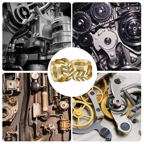 M3 Heat Set Brass Threaded Inserts For Plastic, Knurled Embedding Nuts For 3D Printing displayed with machinery