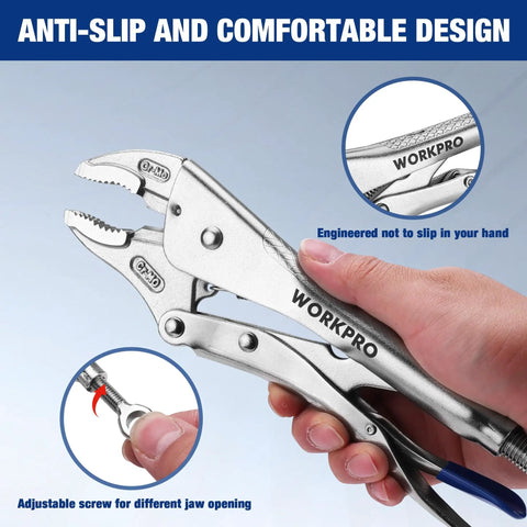 10 Inch Curved Jaw Locking Pliers With Screw Extractor, CR-MO Steel Build, shown in hand with anti-slip grip and adjustable screw.