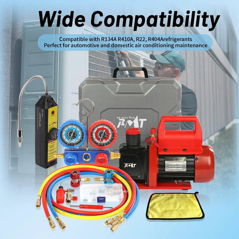 Vacuum Pump And Gauge Set Pro Grade With 4.5 CFM Rating 3 Way Aluminum Manifold Gauge Leak Detector And PVC Storage Case for R134A R410A R22 R404A Refrigerants And Home AC Maintenance