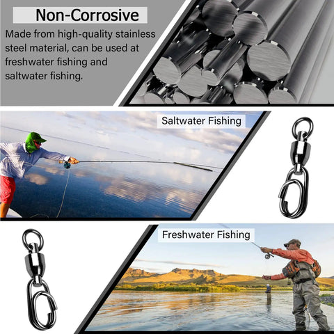 Heavy Duty Snap Swivels For Saltwater And Freshwater Fishing With Ball Bearing Action, Stainless Steel Construction, Split Rings, Nickel Finish, 25 Pack, 30 Lb Load, Smooth Rotations, Durable, Tangle Free, stainless steel swivel close-up