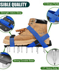 Lawn Aerator Shoes With Spikes, Classic Durable PP Sole Footwear, brown boot with blue straps, close-up of spikes and straps