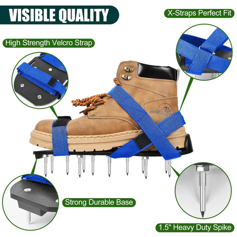 Lawn Aerator Shoes With Spikes, Classic Durable PP Sole Footwear, brown boot with blue straps, close-up of spikes and straps