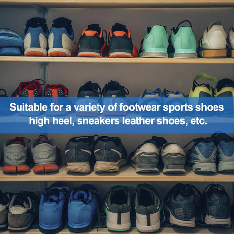 Shelf with various sports shoes, sneakers, and high heels, illustrating use for Self Adhesive Shoe Repair Patches Kit For Holes In Sneakers And Leather Shoes, 12 Inner Patches In Black White Gray, Includes Fabric Mesh Heel Liners For High Heels, Boots, And Casual Shoes, Quick Fix Patches For Damaged Uppers