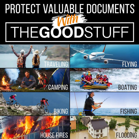 Travel, flying, camping, boating, biking, fishing, house fires and flooding scenes for Everyday Carry Ready Fireproof Money And Document Bag 10 By 13 Inches Waterproof Zipper Safe For Passports Valuables And Important Papers Protects From Fire And Water At Home Office Or Travel.