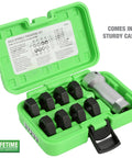 Axle Spindle Rethreading Tool Kit for Damaged Threads with Metric and SAE Chasers in open green case showing components
