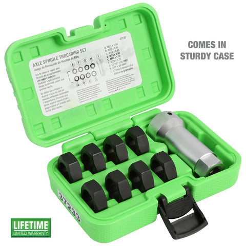 Axle Spindle Rethreading Tool Kit for Damaged Threads with Metric and SAE Chasers in open green case showing components