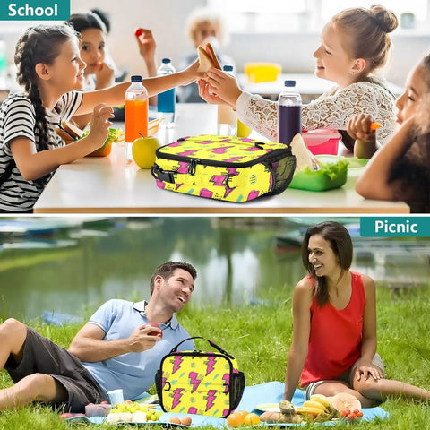 Lightning Bolt Insulated Lunch Bag Yellow Portable Cooler With Shoulder Straps For Office Travel School And Everyday Meals All Day Durable Polyester Large Main Compartment Plus Side Mesh Pockets Keeps Meals Fresh, shown at school and picnic