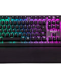 Clean Build Mechanical RGB Gaming Keyboard With Smooth Linear Red Switches And Fully Lit Backlight Brushed Aluminum Plate Removable Palm Rest Anti Ghosting Tech For Top Shelf Setup On Any Gamer Rig from top view with RGB lights on.