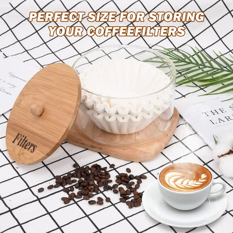 Rustic Glass Coffee Filter Holder With Lid, Easy Access Storage Dispenser, bamboo lid, coffee bar decor, cappuccino cup