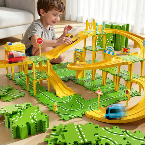 Child playing with Epic 4 Tier Puzzle Race Car Track Set for Kids Ages 3 to 8 with 51 pieces, featuring bridges and road signs.