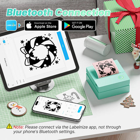Portable Mini Sticker Printer With Three Thermal Rolls Compact Wireless Label Maker For Teachers And Craft Crews Dead Simple Setup displayed with Bluetooth connection app on tablet.