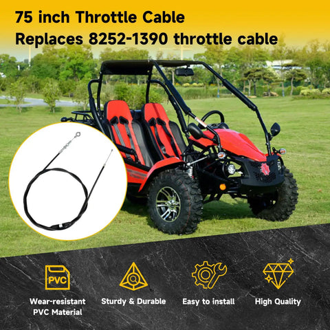 Go Cart Throttle Cable Kit 75 Inch For Predator 212cc 196cc VM22 VM24 GX160 GX200 Manco ASW with go-kart in background