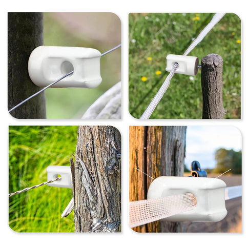 Porcelain electric fence insulator, lag-screw, white ceramic for wood posts; 25-pack (front/side/installed views).