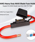 Badass Heavy-Duty Inline Blade Maxi Fuse Holder Kit With Flip-Up Cover Includes 6 AWG Red Wire and Assorted 50A 60A 80A Fuses showing 6AWG wire and waterproof fuse holder.