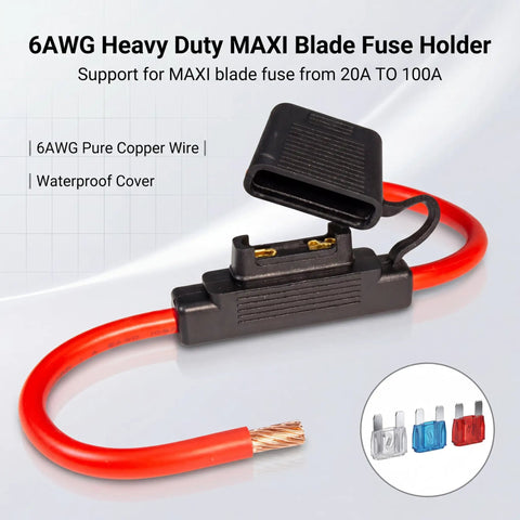 Badass Heavy-Duty Inline Blade Maxi Fuse Holder Kit With Flip-Up Cover Includes 6 AWG Red Wire and Assorted 50A 60A 80A Fuses showing 6AWG wire and waterproof fuse holder.