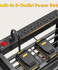 Close-up of 49.5 Inch Wide Power Tool Organizer Wall Mount With Built In Charging Station And Four Tier Heavy Duty Drill And Tool Holder For Garage Pro Grade Supports Up To 800 LB Load Battery Storage Rack And Built In Eight Outlet Power Strip showing the eight-outlet power strip and battery storage.