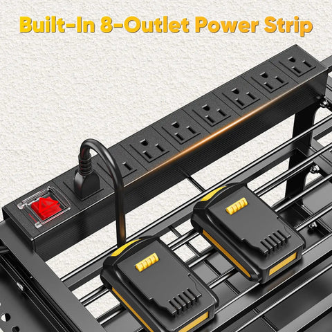 Close-up of 49.5 Inch Wide Power Tool Organizer Wall Mount With Built In Charging Station And Four Tier Heavy Duty Drill And Tool Holder For Garage Pro Grade Supports Up To 800 LB Load Battery Storage Rack And Built In Eight Outlet Power Strip showing the eight-outlet power strip and battery storage.