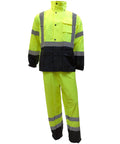 Hi Vis Class 3 Rain Suit With Jacket And Pants, Lime Reflective Work Gear, Waterproof Oxford Shell, Mesh Lining, Black Bottom
