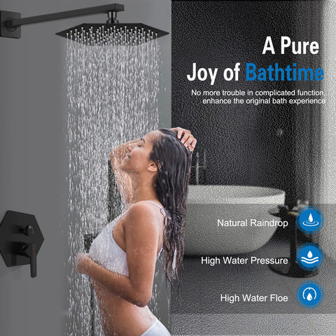 Matte Black Shower System With Tub Spout And Handheld Spray 10 Inch Square Rain Shower Head Wall Mounted