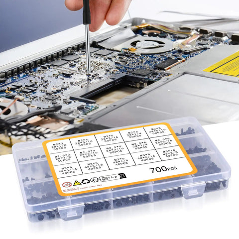 Over 700 Pcs Flat Head Machine Screws Assortment Kit with labeled box and installation in progress on motherboard