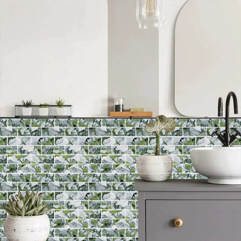 Peel And Stick Subway Tile Backsplash Kit 10 Sheets 13x12 Ice Green Marble Look Kitchen Tiles DIY Friendly Easy Install