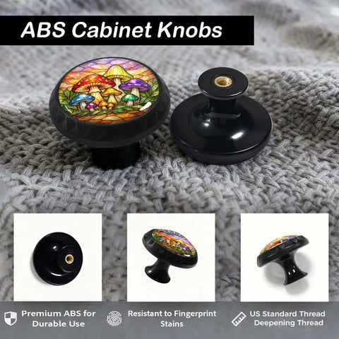 Colorful Mushroom Cabinet Knobs Four Pack for Kitchen and Bathroom, stained glass mosaic art on gray fabric