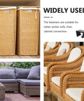 Three images showing wicker storage baskets, patio furniture with cushions, and rattan chairs with 12 Pack Patio Furniture Clips For Outdoor Rattan Wicker Sofas And Sectionals, No Slip Couch Clips To Keep Your Sofa In Place, Easy Installation, 5.25cm Internal Slot, Weatherproof Garden Fasteners For Patio on display.