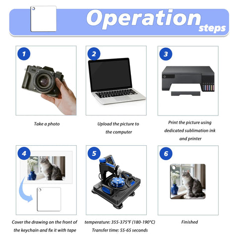 Operation steps for using Bulk Sublimation Keychain Blanks Set For Heat Press DIY Projects double sided MDF