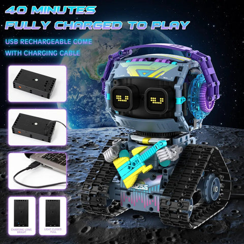 3In1 Remote And App Controlled STEM Robot Building Kit For Kids 6 To 14 433 Pcs Building Blocks Set With LED Dynamic Eyes And Fun Sounds Build A Rock Robot Truck Or Road Roller Perfect Gift For Boys And Girls. USB rechargeable robot battery with charging cable
