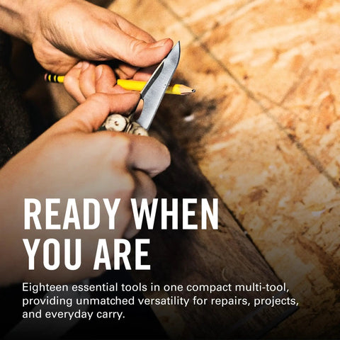 Hands using the Wave Plus Do-It-All 18-In-1 Full-Size Multi Tool For DIY Home Garden Outdoors with knife feature open.