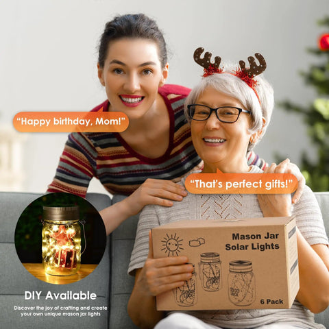 Happy birthday scene with women holding box of 6 Pack Mason Jar Solar Lanterns With Jars And Hangers, Outdoor Waterproof Fairy Lights.