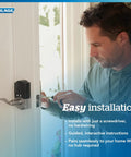 Man installing Smart Lock With Lever Handle And Touchscreen Keypad WiFi Connected For Keyless Entry App Control Works With Alexa And Google Home Airbnb Ready Matte Black Finish Seamless Setup And Remote Access From Anywhere on a white door.