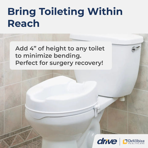 Raised Toilet Seat With Lock 4 Inch Height Heavy Duty Plastic Easy Clean No Tools Required Secure Locking Plate on toilet