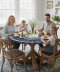 Family dining at wooden table with Durable Waterproof Round Tablecloth For 36 To 44 Inch Tables Vinyl Indoor Outdoor Fitted Cover