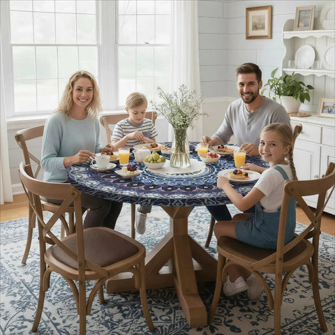 Family dining at wooden table with Durable Waterproof Round Tablecloth For 36 To 44 Inch Tables Vinyl Indoor Outdoor Fitted Cover