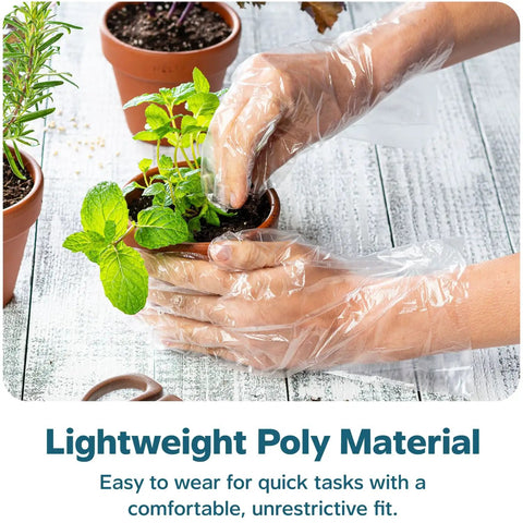 Hands wearing disposable poly gloves for food prep and service, handling a potted plant, clear gloves, latex free, powder free