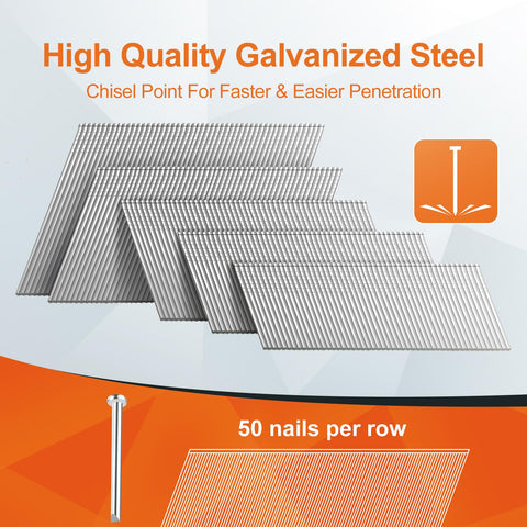 All In One 16 Gauge Finish Nails Kit With Twenty Degree Angled Galvanized 2000 Count Five Sizes displayed in rows