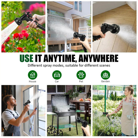 Stainless Steel Garden Hose 50 Ft Heavy Duty With 10 Function Nozzle used for various household tasks and gardening