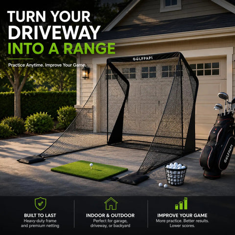 Compact Golf Practice Net With Steel Frame And Side Net Protection For Indoor Or Outdoor Use, 10 Feet Wide Setup in Driveway