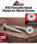 Kickass Number 10 X 1 Inch Zinc Plated Pancake Head Screws With Square Drive on wood surface, showing ultra-thin heads, 250 pack.