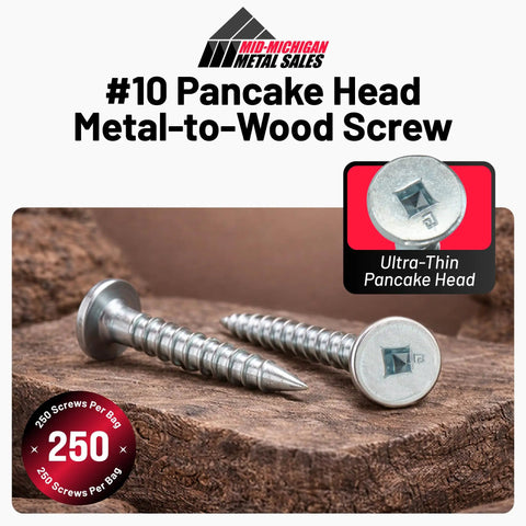 Kickass Number 10 X 1 Inch Zinc Plated Pancake Head Screws With Square Drive on wood surface, showing ultra-thin heads, 250 pack.