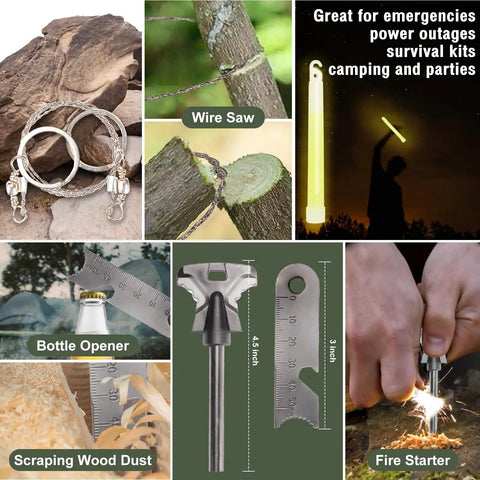 Collage of tools from 20 In 1 Adventure Survival Kit For Camping And Hiking With Dope Wilderness Gear And Disaster Prep For Men