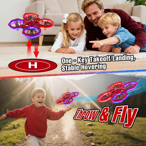 Kids playing indoors and outdoors with Spider Drones for Kids and Adults With 360 Degree Flips and Toss Launch 2 4Ghz Remote Auto Hover Obstacle Avoidance LED Lights Indoor Outdoor RC Quadcopter for Boys and Girls Beginners and Pros
