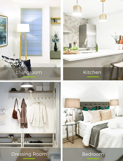 Living room, kitchen, dressing room, and bedroom setups highlighting A21 LED Light Bulbs 23W Replaces 150-200W, 2500 Lumen Ultra Bright Soft White 3000K For Home.