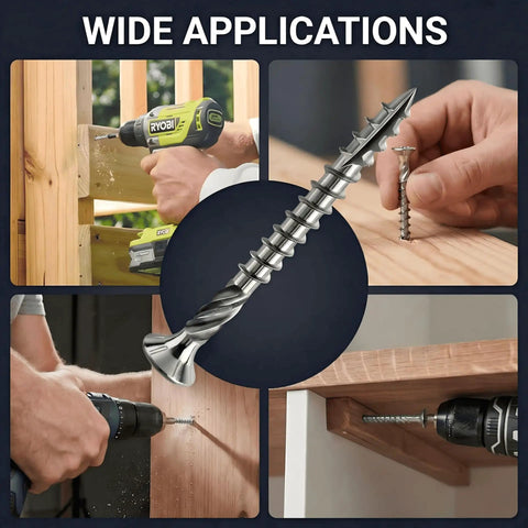 Collage showing 100 Pack Stainless Steel Deck Screws #10 x 2-1/2 Inch with Wax Coating in various outdoor applications