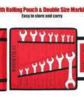Super Thin Open End Wrench Set, 16 Piece SAE And Metric Wrenches For Tight Spots, organized in red roll-up pouch
