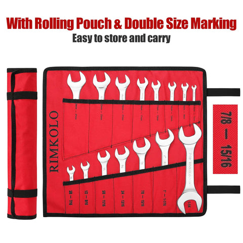 Super Thin Open End Wrench Set, 16 Piece SAE And Metric Wrenches For Tight Spots, organized in red roll-up pouch